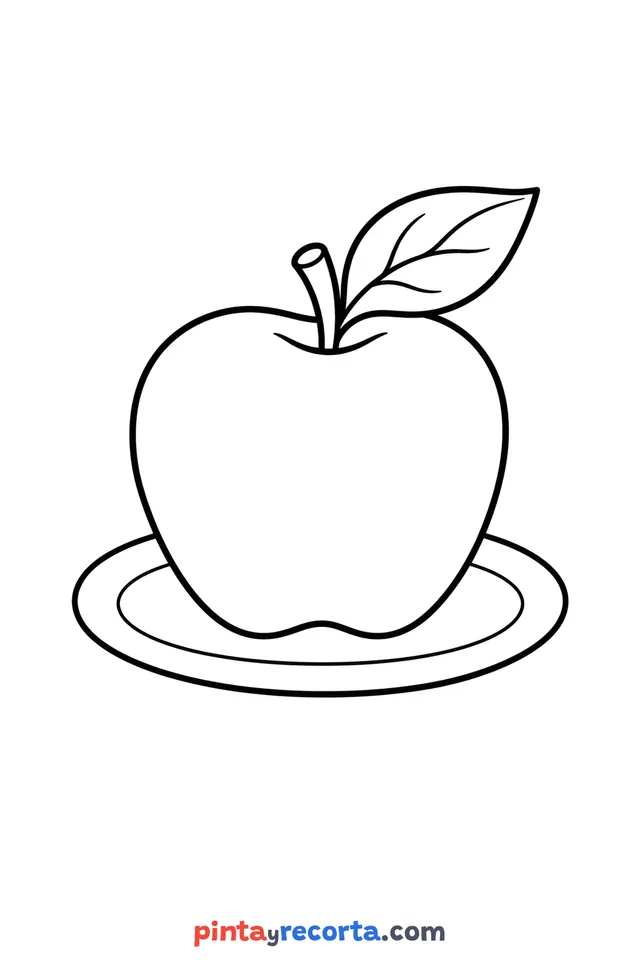 Dibujo de manzana para colorear sobre un plato, nivel básico con trazos gruesos y áreas grandes