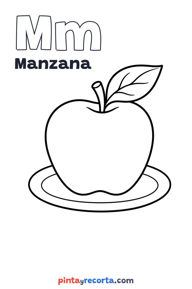 Dibujo de manzana para colorear con la letra Mm y la palabra Manzana, nivel básico