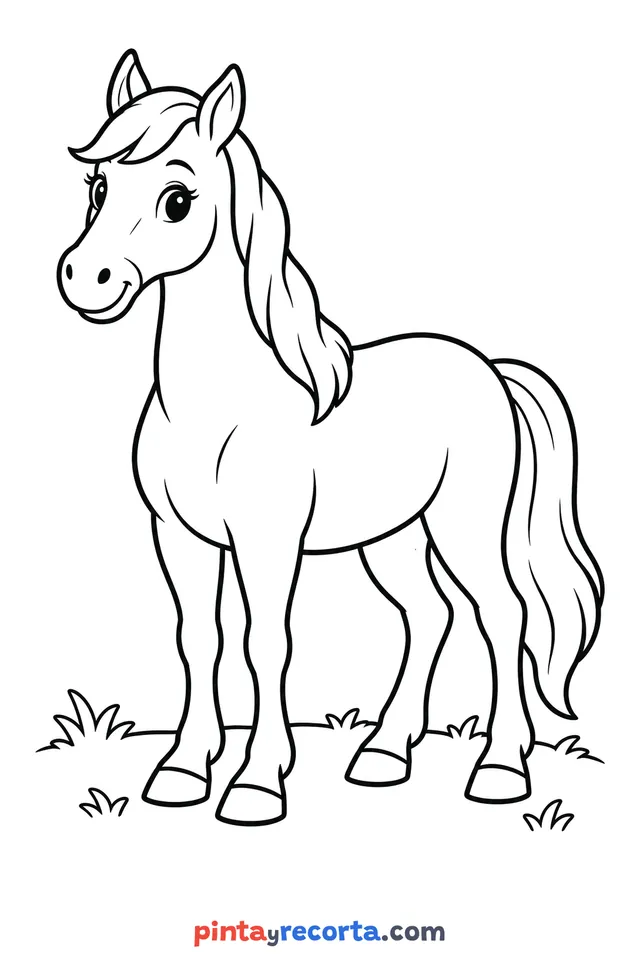 Mare coloring page: full-body mare in a calm pose, easy level with thick outlines and big spaces