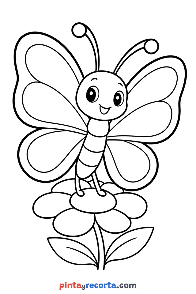 Dibujo de mariposa para colorear de cuerpo completo en pose tranquila, nivel básico con trazos gruesos y áreas grandes