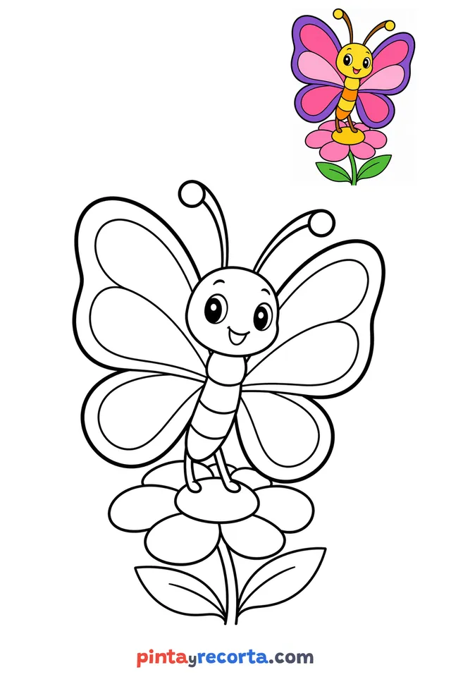 Dibujo de mariposa para colorear con una guía de color en miniatura, nivel básico