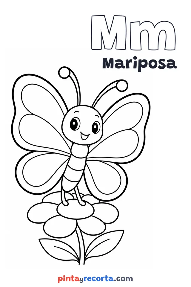 Dibujo de mariposa para colorear con la letra Mm y la palabra Mariposa, nivel básico