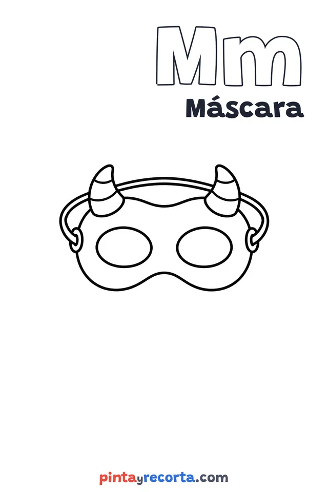 Dibujo de máscara para colorear con la letra Mm y la palabra Máscara, nivel básico