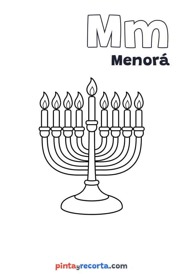 Dibujo de menorá para colorear con la letra Mm y la palabra Menorá, nivel básico