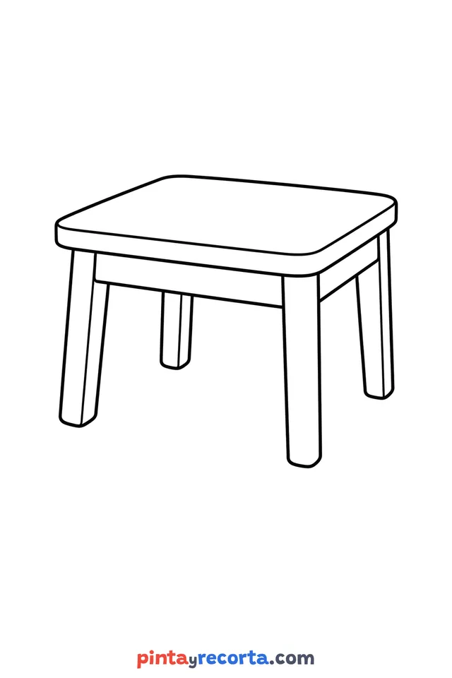 Dibujo de mesa para colorear en vista de tres cuartos, nivel básico con trazos gruesos y áreas grandes