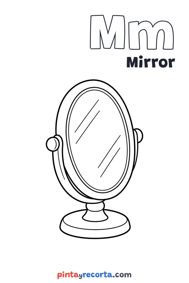 Mirror coloring page with the letter Mm and the word Mirror, easy level
