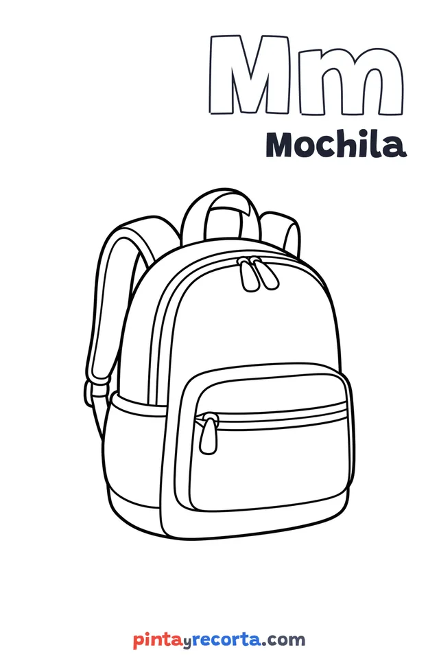 Dibujo de mochila para colorear con la letra Mm y la palabra Mochila, nivel básico