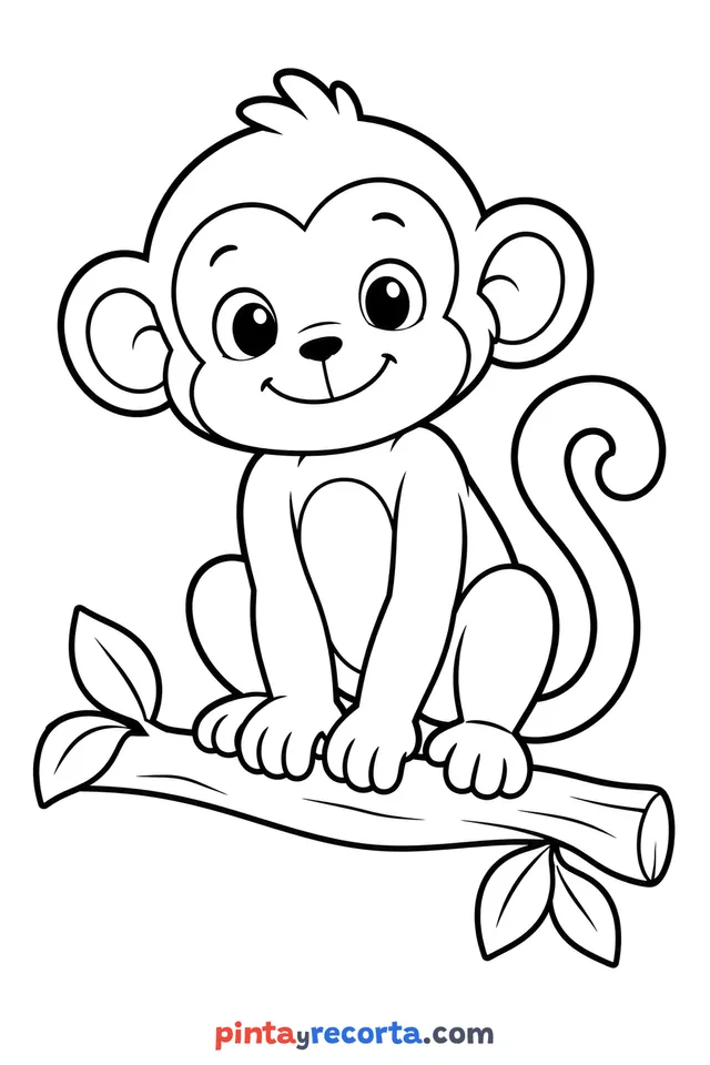 Dibujo de mono para colorear de cuerpo completo en pose tranquila, nivel básico con trazos gruesos y áreas grandes