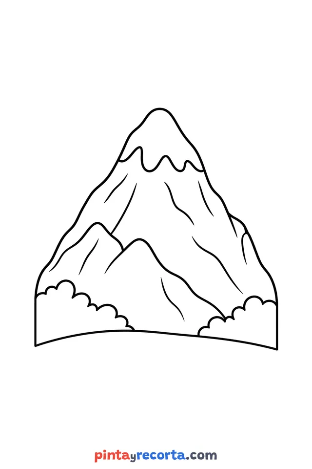Dibujo de montaña para colorear con la cima nevada, nivel básico con trazos gruesos y áreas grandes