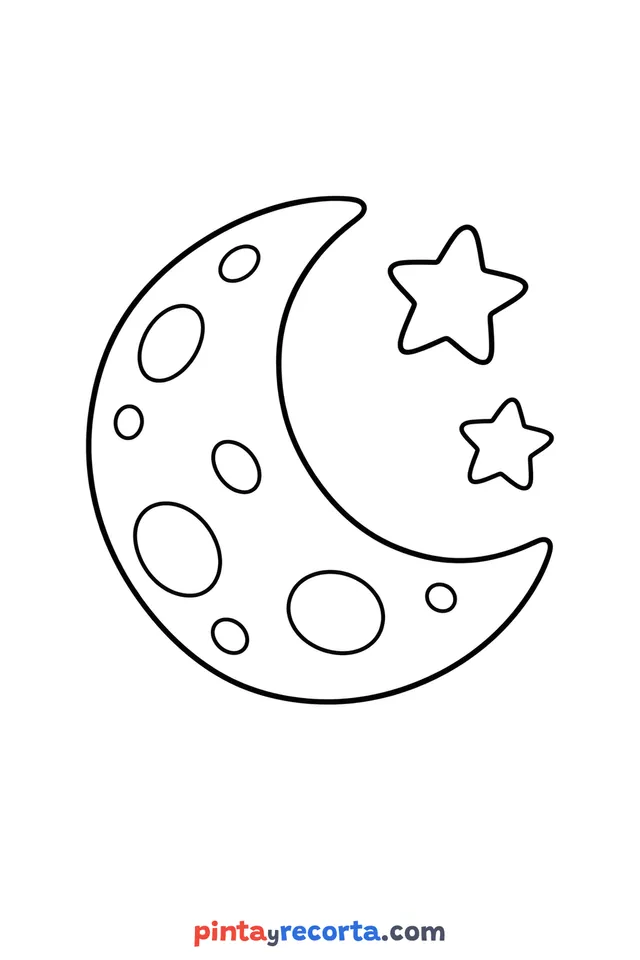 Moon coloring page: a crescent moon with two stars, easy level with thick outlines and big spaces