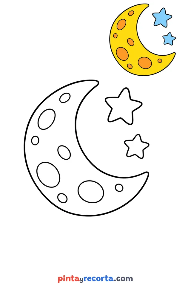 Moon coloring page with a small color guide, easy level