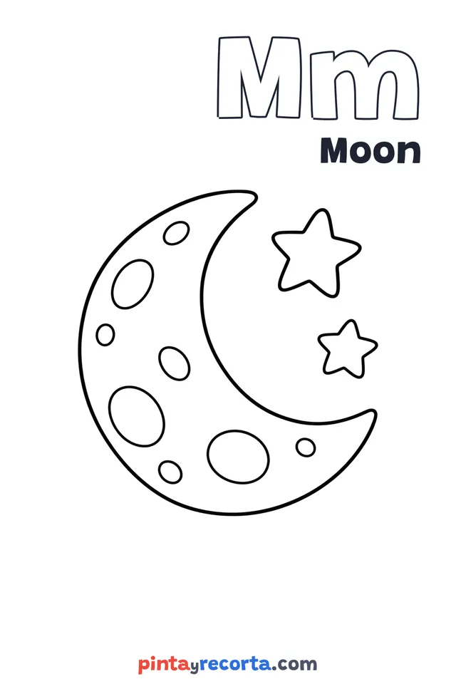 Moon coloring page with the letter Mm and the word Moon, easy level