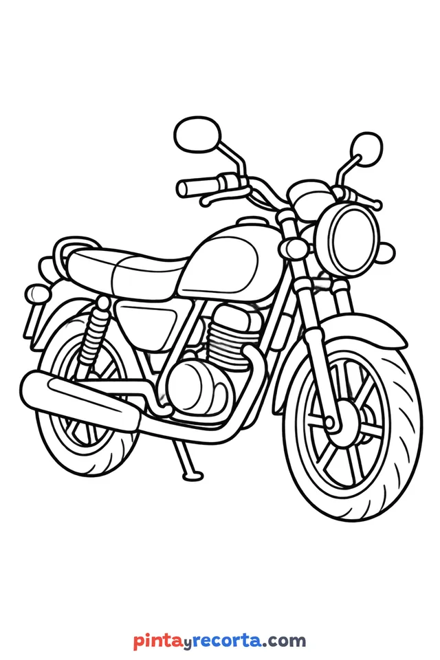 Dibujo de moto para colorear en reposo, nivel básico con trazos gruesos y áreas grandes