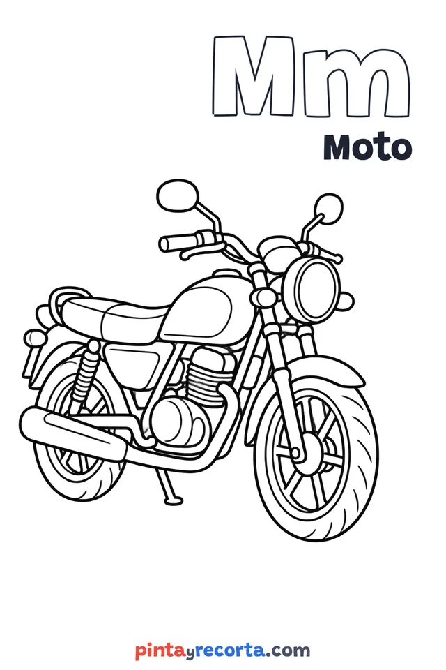 Dibujo de moto para colorear con la letra Mm y la palabra Moto, nivel básico