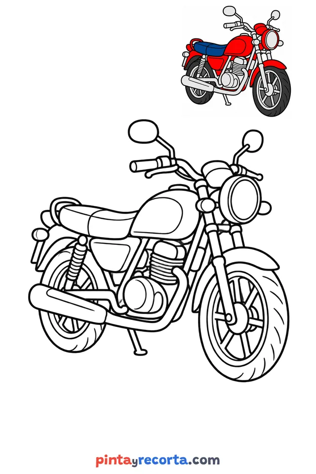 Motorcycle coloring page with a small color guide, easy level