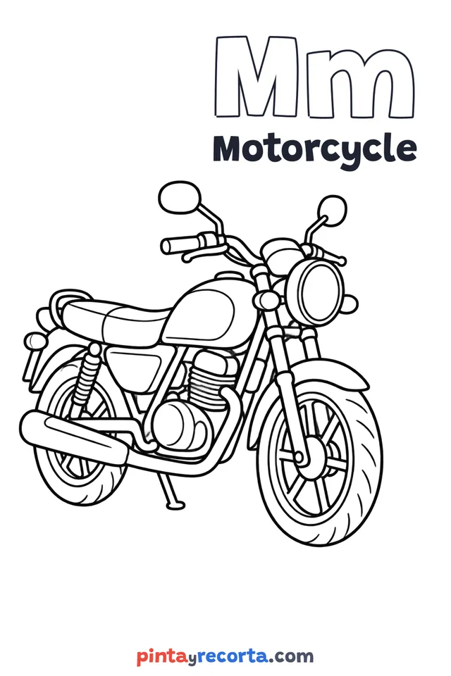 Motorcycle coloring page with the letter Mm and the word Motorcycle, easy level