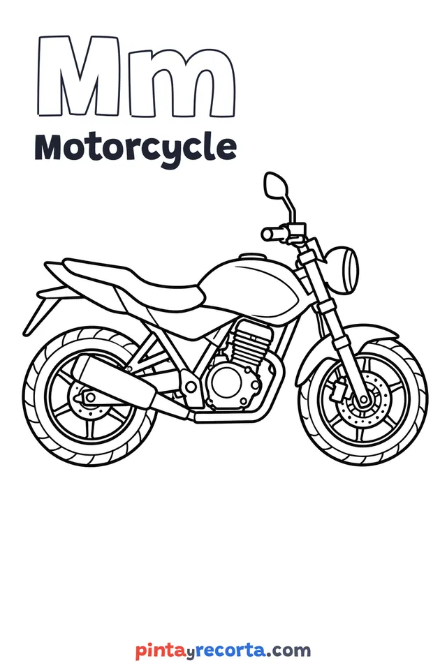 Motorcycle coloring page with the letter Mm and the word Motorcycle, easy level