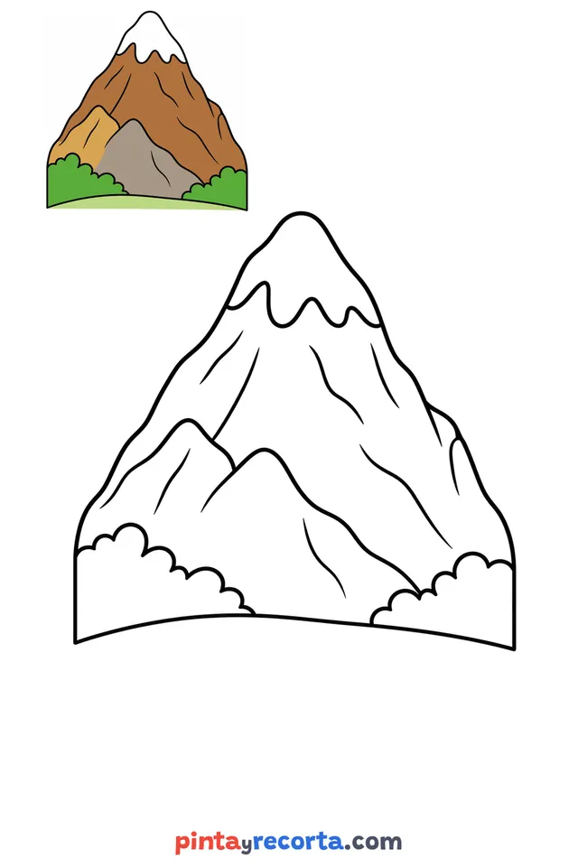 Mountain coloring page with a small color guide, easy level