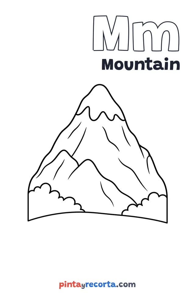 Mountain coloring page with the letter Mm and the word Mountain, easy level