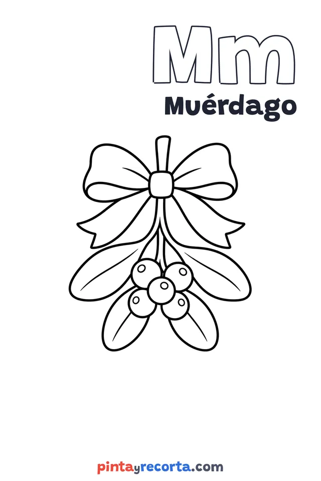Dibujo de muérdago para colorear con la letra Mm y la palabra Muérdago, nivel básico