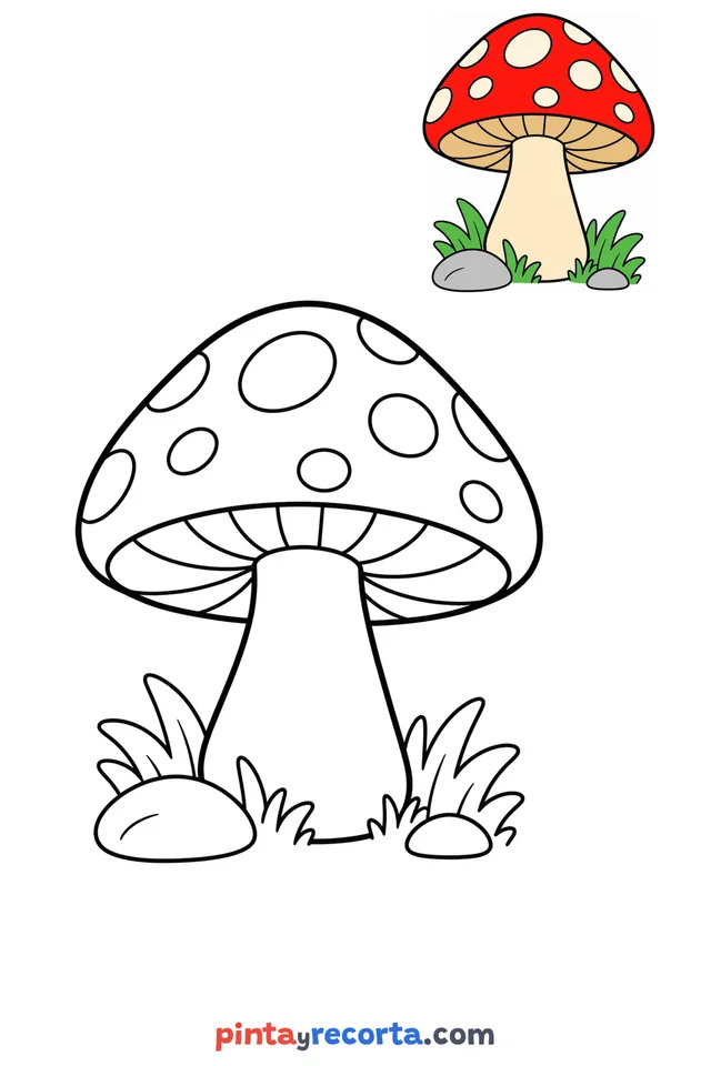 Mushroom coloring page with a small color guide, easy level