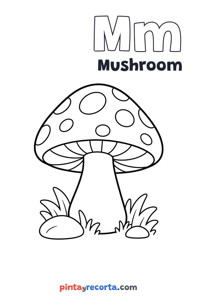 Mushroom coloring page with the letter Mm and the word Mushroom, easy level
