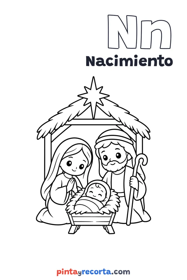 Dibujo de nacimiento para colorear con la letra Nn y la palabra Nacimiento, nivel básico
