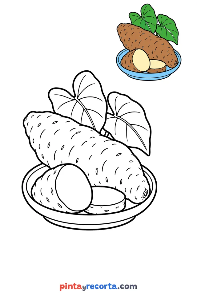 Dibujo de ñame para colorear con una guía de color en miniatura, nivel básico