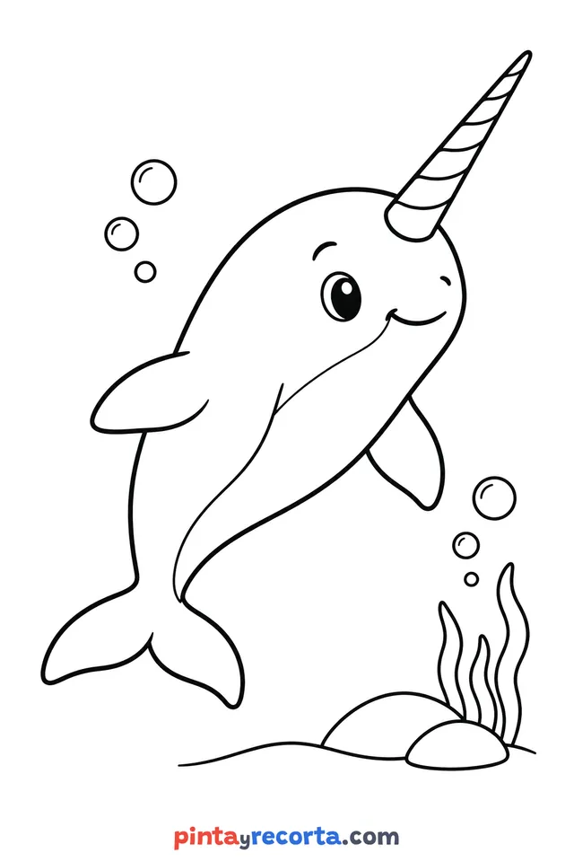 Narwhal coloring page: full body in a calm pose, easy level with thick outlines and big spaces
