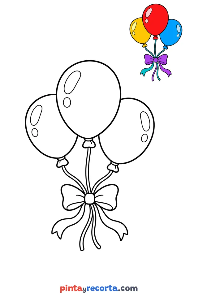 Balloons coloring page with a small color guide, easy level