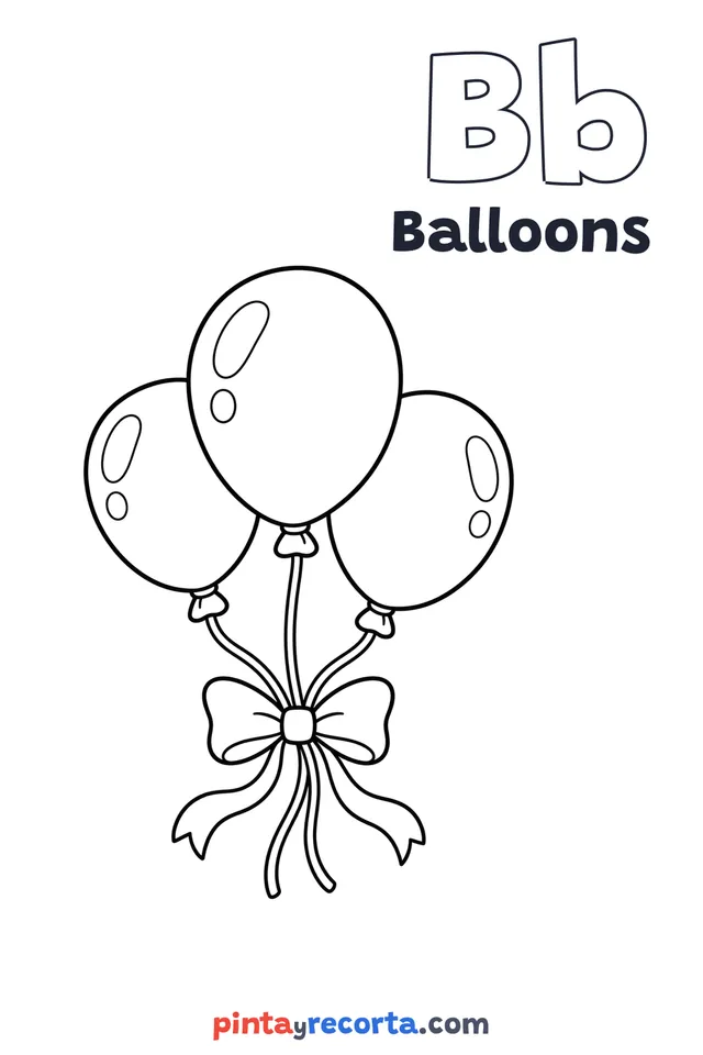Balloons coloring page with the letter Bb and the word Balloons, easy level