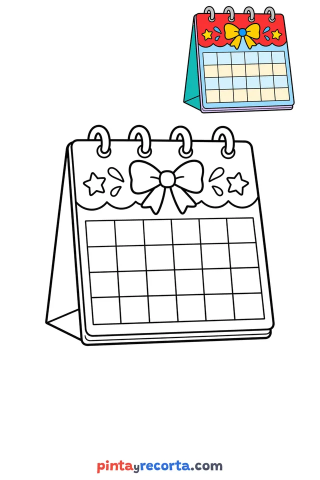 Calendar coloring page with a small color guide, easy level