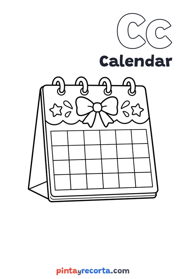 Calendar coloring page with the letter Cc and the word Calendar, easy level