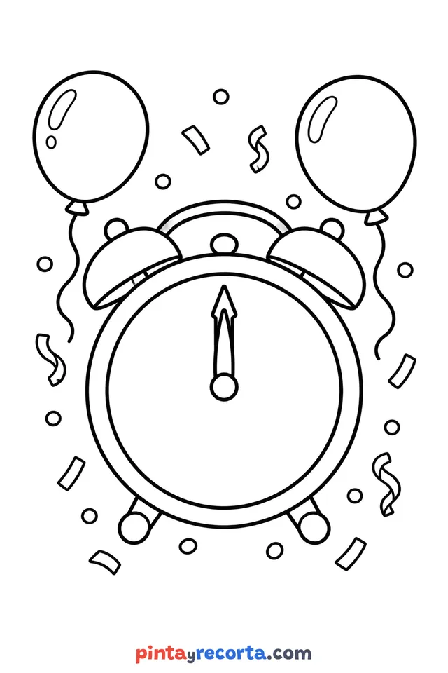 New Year clock coloring page, easy level with thick outlines and big spaces
