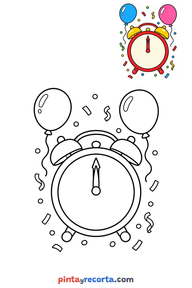 Clock coloring page with a small color guide, easy level