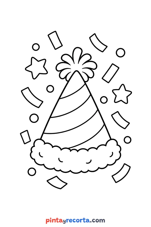 New Year confetti coloring page, easy level with thick outlines and big spaces