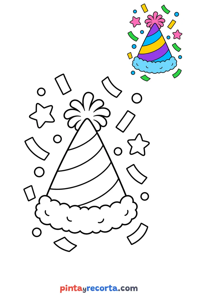 Confetti coloring page with a small color guide, easy level