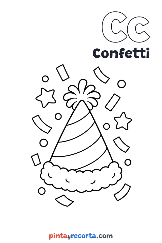 Confetti coloring page with the letter Cc and the word Confetti, easy level