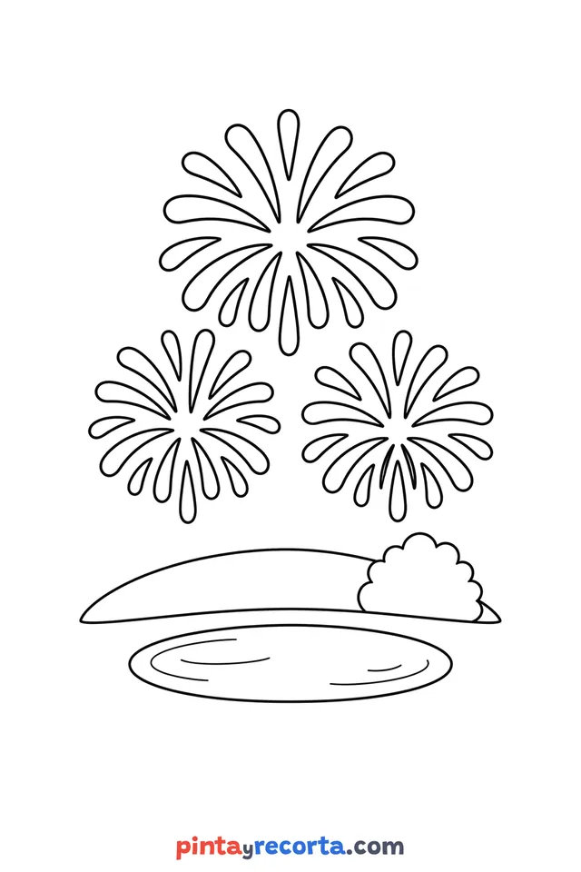 New Year fireworks coloring page, easy level with thick outlines and big spaces