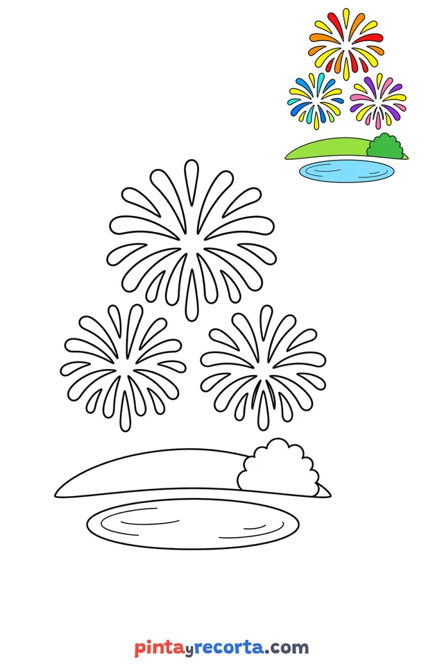 Fireworks coloring page with a small color guide, easy level