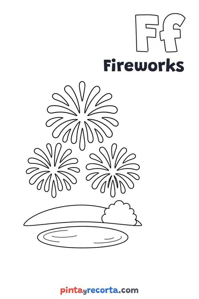 Fireworks coloring page with the letter Ff and the word Fireworks, easy level