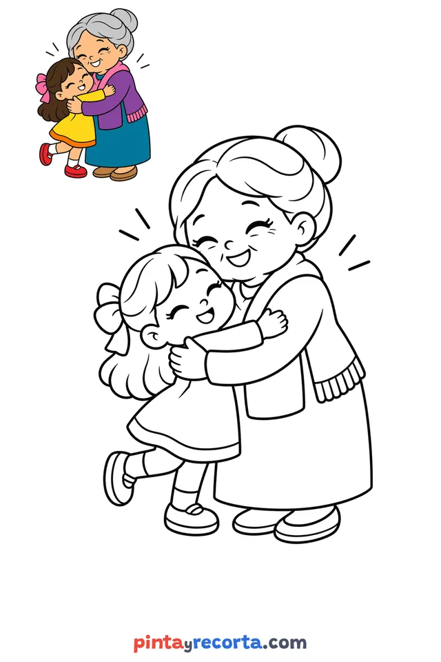 Hug coloring page with a small color guide, easy level