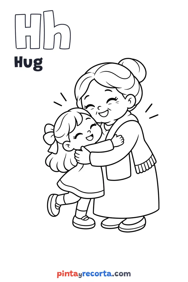 Hug coloring page with the letter Hh and the word Hug, easy level