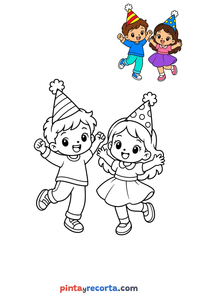 Party coloring page with a small color guide, easy level