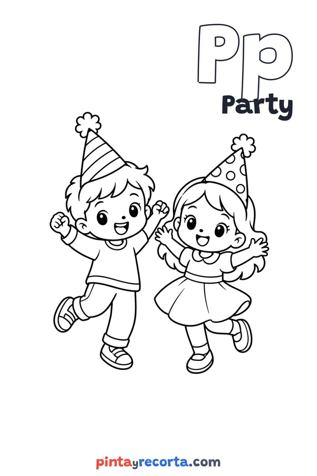Party coloring page with the letter Pp and the word Party, easy level
