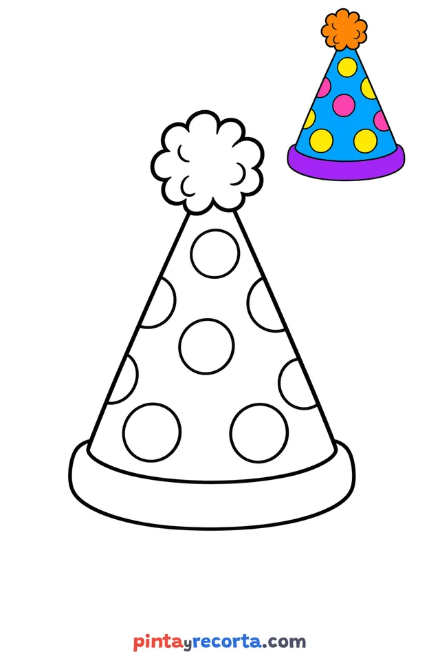 Party hat coloring page with a small color guide, easy level