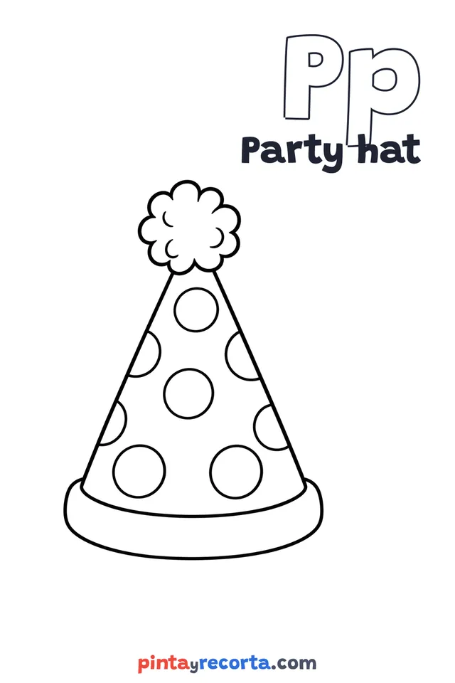 Party hat coloring page with the letter Pp and the word Party hat, easy level