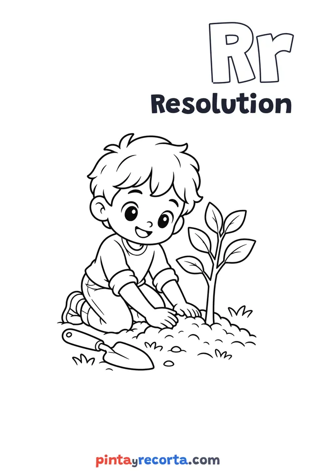 Resolution coloring page with the letter Rr and the word Resolution, easy level