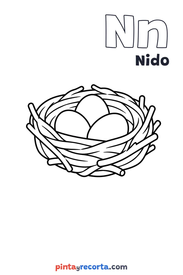Dibujo de nido para colorear con la letra Nn y la palabra Nido, nivel básico