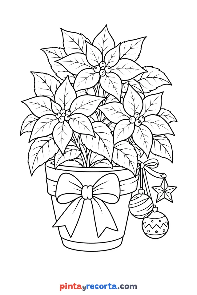 Dibujo de nochebuena de Navidad para colorear, nivel intermedio con detalle moderado